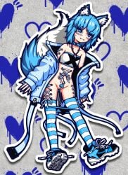 1girl absurdres aqua_choker aqua_hair aqua_jacket aqua_nails aqua_pubic_hair aqua_shoes aqua_tail aqua_thighhighs baggy_clothes black_panties blue_background blue_eyes blush bottomless choker clitoris colored_pubic_hair commentary_request corset_piercing cross cross_necklace cross_piercing djkurara_various fox fox_girl fox_tail grey_background heart heart_background highres jacket jewelry medium_hair nail_polish navel_piercing necklace off-shoulder_jacket off_shoulder open_clothes open_jacket original outline panties panty_pull piercing pubic_hair pussy_juice pussy_juice_trail rope saltire shoes sneakers strapless striped_clothes striped_thighhighs sweat tail thighhighs tube_top uncensored underwear white_outline white_thighhighs