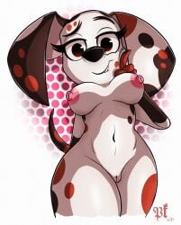 101_dalmatian_street 101_dalmatians 2024 abstract_background absurd_res anthro areola biped black_markings black_nose breasts canid canine canis colored dalmatian dated disney domestic_dog eyelashes fan_character female female_anthro floppy_ears fur genitals geometric_background hi_res long_ears looking_at_viewer looking_down looking_down_at_viewer low-angle_view mammal markings navel nipple_dip nipples pattern_background pkbr4insh0ck_(artist) shaded signature simple_background solo spots spotted_body spotted_fur tail under_boob vulva white_body white_fur year