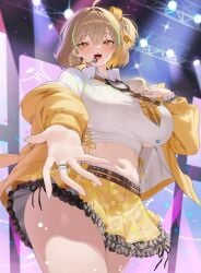 1girls ahoge amber_eyes anis_(nikke) anis_(star)_(nikke) anis_(star)_(t.t.star)_(nikke) belly_button big_breasts brown_hair ddooooogkun_(d2og_kun) fingernails fully_clothed goddess_of_victory:_nikke hand_on_chest hips idol jacket pale-skinned_female pale_skin reaching_out skirt stage sweat sweatdrop sweating tagme thick_thighs thighs tight_clothing underboob