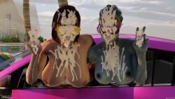 2girls asari beach big big_ass big_breasts big_lips blue_skin cleavage commander_shepard cum cum_in_mouth cum_on_breasts cum_on_face cum_on_hand exhibitionism femshep freckles in_public jane_shepard looking_over_eyewear looking_over_sunglasses mass_effect mouth_open naked naked_female nipples nude nude_female open_mouth peace_sign red_hair rotosama saliva samara sunglasses sweat sweatdrop sweating tinted_eyewear tongue_out wide_eyed