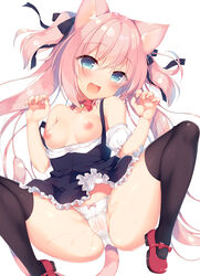 1girls :d animal_ears bare_shoulders black_legwear black_stockings black_thighhighs blue_eyes blush bow bow_panties breasts cameltoe cat_ears cat_tail choker claw_pose cute_fang dress dress_lift exposed_breasts eyebrows_visible_through_hair female female_focus female_only frill_trim hair_bow hair_ornament hair_ribbon head_tilt looking_at_viewer mary_janes necklace nipples off-shoulder_shirt open_mouth original panties partially_clothed pink_hair red_shoes ribbon ribbon_choker sazaki_ichiri shirt shirt_pull shoes simple_background skin_fang small_breasts smile solo solo_female solo_focus spread_legs strap_slip sweat tail thighhighs twintails two_side_up underwear wet_panties white_background white_panties white_underwear