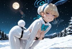 asuma_toki blue_archive ai_generated kermixx 1girl solo breasts looking_at_viewer blush smile short_hair bangs blue_eyes blonde_hair long_sleeves bow ribbon animal_ears jewelry medium_breasts tail hair_ribbon braid sweat hairband earrings outdoors sky alternate_costume shiny bowtie hair_bun rabbit_ears grin tree bodysuit leaning_forward night fake_animal_ears halo blue_bow moon single_hair_bun bent_over blue_ribbon rabbit_tail star night_sky breath skin_tight snow full_moon starry_sky snowing meme_attire fake_tail pasties blue_bowtie shrug stud_earrings winter
