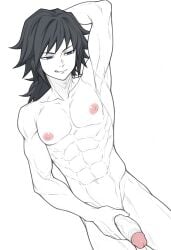 1boy 1male ai_generated bara big_penis bottom_pov civitai enticing gay gay_male illustrious_(stable_diffusion) implied_sex male male_focus male_only male_prey nude queer stable_diffusion sweat sweating tied_up yaoi black_and_white showing_off jerking jerkingoff one_arm_up arms_behind_head smirking_at_viewer smirking smirk tongue_out kimetsu_no_yaiba demon_slayer tomioka_giyuu giyu_tomioka