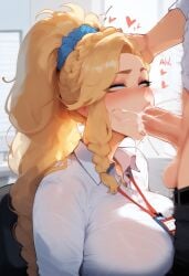 1boy ai_generated balls belliora big_breasts big_cock big_penis blonde-haired_female blonde_female blonde_hair blowjob blue_eyes blush breasts clothed clothed_female clothing cock cum cum_in_mouth female gemma_(monster_hunter_wilds) hair_ornament hair_tie huge_breasts lanyard movement_lines oral oral_creampie oral_penetration oral_sex partially_clothed_male patreon patreon_username penis ponytail