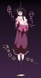 asphyxiation bangs barefoot blush execution feet female flat_chest gradient_background gyo hanged highres kaguya_houraisan long_hair noose open_clothes open_shirt orgasm peeing peril purple_background saliva shirt simple_background solo tears touhou