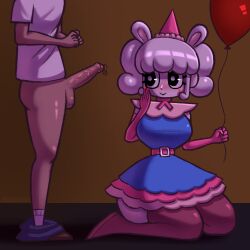 1boy 1girls balloon belt birthday_hat blush bunny_ears bunny_tail erect_penis holding_balloon huge_breasts nervous_male on_knees precum precum_drip pulled_down_pants shu_(underfity) thigh_boots thin_waist tiimooner twintails underfity white_hair