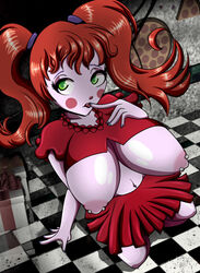 areolae arm_support baby_(fnafsl) blush_stickers breasts breasts_out circus_baby circus_baby_(fnaf) clown female female_only finger_to_mouth five_nights_at_freddy's green_eyes humanization humanized humanized_animatronic kneeling large_breasts long_hair looking_at_viewer looking_up nipple_piercing nipple_rings nipples orange_hair sister_location skirt solo twintails wetfox