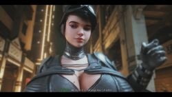 1boy 1girls 3d 3d_(artwork) batman batman_(series) big_breasts black_hair black_hair_female breasts catwoman cleavage clothed clothed_female extreme_size_difference female female_focus giantess green_eyes green_eyes_female huge_boobs huge_breasts human human_female human_male krieginax light-skinned_female light_skin micro micro_male selina_kyle short_hair short_hair_female shrunk shrunken_male size_difference