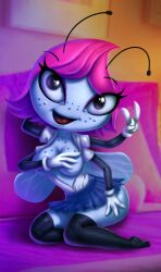 14-bis 1female 2020s 2024 4_arms antennae_(anatomy) anthro black_eyes black_thighhighs clothed_female collared_shirt cosplay covering_breasts detailed detailed_background devil_horns_(gesture) digital_media_(artwork) disney disney_channel exposed_breasts female_focus female_only fernando_faria freckles_on_breasts freckles_on_face furry hand_behind_head hand_on_thigh insect_girl insect_wings kinky light-skinned_female looking_at_viewer magenta_hair maggie_(the_buzz_on_maggie) maggie_pesky medium_breasts miniskirt multi_arm non-mammal_breasts open_shirt perky_breasts presenting_breasts punk_girl purple_eyeshadow schoolgirl schoolgirl_uniform seductive_pose sexy_pose smiling_at_viewer solo_female teasing_viewer the_buzz_on_maggie thick_thighs wide_hips