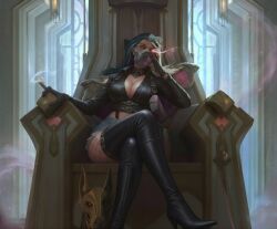 1girl ai_assisted black_hair boots bossy_look cigarette cleavage dog girl grey_hair league_of_legends long_boots looking_at_viewer renata_glasc safe_for_work sitting sitting_on_throne solo