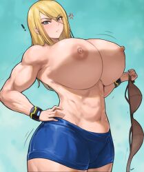 angry annoyed batako big_breasts blonde_hair blue_eyes bra breasts huge_breasts looking_at_viewer looking_down muscular muscular_female samus_aran shorts tall_female topless