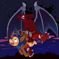 american_opossum anklet argon_vile armor big_ears blush bodily_fluids bracelet capcom claws clenched_teeth cum cum_in_ass cum_inside duo eyewear eyewear_on_head firebrand flying gargoyle gargoyle's_quest genital_fluids ghosts_'n_goblins goggles goggles_on_head grabbing_from_behind hi_res hip_grab jewelry konami male male/male mammal marsupial midair obscured_anal obscured_penetration obscured_sex red_arremer red_body rocket_knight_adventures sparkster sweat teeth wings