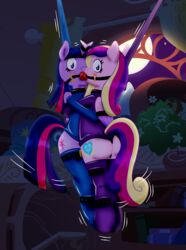 2girls anthro ass ball_gag blush bondage bound_together double_gag duo equine femsub gag multiple_girls multiple_subs my_little_pony pony ponyguy67 princess_cadance_(mlp) shared_gag straitjacket suspension twilight_sparkle_(mlp) wing_bondage