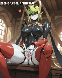 1girls ai_generated android artist_name big_ass big_breasts black_sclera blush clitoris color colored earrings female green_eyes green_hair hi_res hoyoverse mechanical_arms mechanical_legs metal_skin mihoyo perfect_body presenting_pussy pussy pussy_juice pussy_juice_drip robot robot_ears robot_girl robot_joints short_hair smile solo spread_legs spread_pussy uncensored vagina vesper_(zenless_zone_zero) watermark white_face wings zenless_zone_zero