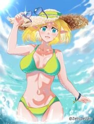 1girls 2d 2d_(artwork) 2d_artwork adult adult_female arm_above_head arm_up bare_armpits bare_arms bare_belly bare_chest bare_hands bare_hips bare_legs bare_midriff bare_navel bare_shoulders bare_skin bare_thighs belly belly_button big_breasts bikini bikini_bottom bikini_only bikini_top blonde-haired_female blonde_female blonde_hair blonde_hair_female blue-eyed_female blue_eyes blue_sky blush blush_face blushing_at_viewer blushing_female blushing_lines bracelet breasts breasts_apart busty busty_female busty_girl busty_teen busty_teenager cleavage clouds collarbone curvaceous curvaceous_body curvaceous_female curvaceous_figure curvaceous_hips curvaceous_thighs curvy curvy_body curvy_female curvy_figure curvy_hips curvy_thighs day daylight daytime digital digital_art digital_drawing digital_drawing_(artwork) digital_media digital_media_(artwork) drawing elbows elf elf_ear elf_ears elf_female elf_girl exposed_armpits exposed_arms exposed_belly exposed_chest exposed_hips exposed_legs exposed_midriff exposed_navel exposed_shoulders exposed_skin exposed_thighs eyewear_removed female female_focus female_only fingers green_bikini green_bikini_bottom green_bikini_top green_swimsuit green_swimwear groin half_naked half_nude halterneck hand_above_head hand_up heart_sunglasses high_resolution highres hourglass_figure inframammary_fold large_boobs large_breasts lean_figure linea_alba looking_at_viewer mature mature_female medium_hair midriff naked naked_female naked_woman narrow_waist navel nintendo nude nude_female nudity ocean open_mouth open_mouth_smile outdoor outdoor_nudity outdoors outside parted_bangs parted_lips pointy_ears sea seaside semi_nude shoulders sky slender_body slender_waist slim_female slim_waist smile smiley_face smiling smiling_at_viewer solo standing stomach sunglasses swimsuit swimwear teenage_tits the_legend_of_zelda the_legend_of_zelda:_tears_of_the_kingdom thick_thighs thigh_gap thighs tongue upper_body upper_teeth water wide_hips zelda_(tears_of_the_kingdom) zelisdezain
