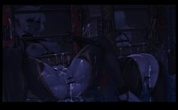 artist_request bondage cum cum_drip cum_on_body dark_elf dark_skin elf elf_ears nipple_piercing nipple_rings public_use spread_legs stall through_wall