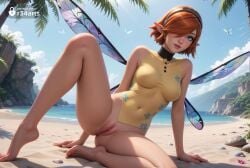 1girls ai_generated arm_support artist_name atlus bare_arms bare_legs bare_shoulders barefoot beach black_hairband blue_eyes blue_sky bottomless breasts brown_hair bug butterfly clitoral_hood clitoris cloud covered_collarbone covered_navel day fairy_wings feet female fingernails full_body gallica green_eyes hair_over_one_eye hairband hi_res impossible_clothes knee_up lips looking_at_viewer medium_breasts metaphor:_refantazio nail_polish nose ocean on_ground one-piece_swimsuit orange_hair outdoors palm_tree parted_lips pointy_ears pussy r34arts rock sand short_hair sitting skin_tight sky smile solo spread_legs swept_bangs swimsuit toenail_polish toenails toes tree turtleneck uncensored water wings yellow_one-piece_swimsuit