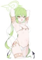 1girls armwear belly_dancer_outfit blue_archive demon_tail erotic_costume green_hair gurenola halo highlander_railroad_academy_student legwear nozomi_(blue_archive) pointy_ears small_breasts succubus_tail tail veil