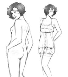 ass back_view black_and_white bob_cut corset dark_hair digital_drawing_(artwork) digital_media_(artwork) female female_only flapper garter_straps historical lipstick looking_at_viewer looking_over_shoulder makeup naked_female original original_character posing short_hair small_breasts stretch_marks underwear wink