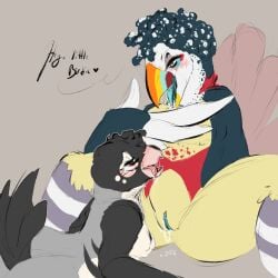 acari_(cleothebirb) anthro avian beak bedroom_eyes bird blush bodily_fluids breasts colorful_body dark_body dark_feathers dialogue duo english_text feathers female female/female fossilprey genital_fluids genitals grey_background hi_res jagged_beak looking_at_another lying_on_ground narrowed_eyes on_ground open_beak open_mouth parrot seductive simple_background sitting sitting_on_ground spread_vulva spreading tail tail_feathers text tongue tongue_out toucan vaginal_fluids vaginal_penetration vanessa_(cleothebirb) vulva