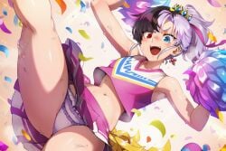 1girls female heterochromia indie_virtual_youtuber multicolored_hair rin_penrose virtual_youtuber ai_generated naticai black_hair white_hair ponytail crown cheerleader cheerleader_uniform cheerleader_outfit upskirt panties idol_corp