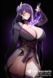 1girls ai_generated big_ass big_breasts breasts clothed_female female female_focus female_only genshin_impact ksyraarts light-skinned_female light_skin looking_at_viewer purple_body purple_eyes purple_hair raiden_shogun solo thick_thighs thighs very_long_hair