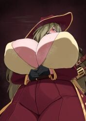 absurdres belt big_breasts breasts breasts_bigger_than_head huge_breasts k_dhen limbus_company nipple_bulge open_shirt project_moon valencina_(limbus_company) viewed_from_below