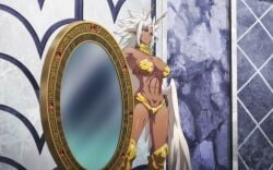 1girls breasts chained_soldier cleavage dark-skinned_female jouryuu_(mato_seihei_no_slave) large_breasts mato_seihei_no_slave pointy_ears screencap thighs white_hair wings yellow_eyes