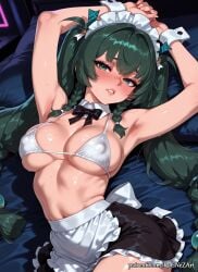 2025 ai_generated anime apron armpits arms_up bangs bikini bikini_top_only black_bow black_bowtie black_skirt blush bow bowtie braid braided_hair breasts cleavage covered_nipples crossover detached_collar eye_contact female female_focus flushed green_eyes green_hair hair_accessory hair_ornament highres hoyoverse huge_breasts large_breasts lips long_hair looking_at_viewer lying maid maid_apron maid_headdress midriff mihoyo mole_on_breast navel nsfw on_back parted_lips patreon pillow qingyi_(zenless_zone_zero) rognezart shiny skindentation skirt solo sweat sweaty swimsuit twin_braids twintails very_long_hair waist_apron white_bikini wrist_cuffs zenless_zone_zero
