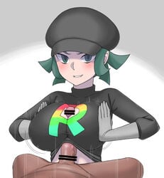 1boy 1girls biting_lip blush bouncing_breasts breast_squeeze breasts censored cleavage_cutout dark-skinned_male dark_skin ekz female female_team_rainbow_rocket_grunt female_team_rocket_grunt gloves green_eyes green_hair grey_background grey_gloves hat highres human impossible_clothes impossible_shirt large_breasts long_sleeves motion_lines nintendo paizuri paizuri_under_clothes penis pokemon pokemon_usm shirt shirt_lift short_hair solo_focus straight team_rainbow_rocket team_rainbow_rocket_grunt team_rainbow_rocket_grunt_(female) team_rainbow_rocket_uniform team_rocket team_rocket_grunt veins veiny_penis white_background