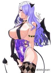 1girls 2d 2d_(artwork) 2d_artwork areola_slip areolae_slip arm_behind_back armband belly_button big_breasts black_elbow_gloves black_gloves black_legwear black_long_gloves black_stockings black_thigh_highs black_thighhighs breasts busty busty_female busty_girl busty_teen busty_teenager camilla_(fire_emblem) closed_mouth_smile collarbone demon_girl demon_horns demon_tail demon_wings digital digital_art digital_drawing digital_drawing_(artwork) digital_media digital_media_(artwork) drawing elbow_gloves eyebrows_hidden_by_hair female female_focus female_only fingers fire_emblem gloves groin hair_covering_eye hair_ornament hair_ornaments hair_over_eye hair_over_one_eye hand_behind_back head_tilt high_resolution highres inframammary_fold inguinal_crease inguinal_ligament large_boobs large_breasts lean_figure legwear light_smile long_gloves long_hair looking_at_viewer narrow_waist navel nipple_bulge parted_bangs posing posing_for_the_viewer purple-eyed_female purple-haired_female purple_eyes purple_hair shoulders simple_background skindentation slender_body slender_waist slim_female slim_waist smile smiley_face smiling smiling_at_viewer solo standing stockings succubus succubus_horns succubus_tail succubus_wings teenage_tits thick_thighs thigh_highs thighhighs thighs tilted_head underboob upper_body wavy_hair white_background wide_hips wings zelisdezain