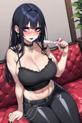 abs adult adult_female ai_generated bangs big_breasts black_hair black_legwear black_lipstick black_makeup black_nails blush blush_lines breasts chains choker collar crop_top cross_earrings ear_piercing ear_ring earrings female female_focus female_only goth goth_girl hair hair_between_eyes huge_breasts lipstick long_hair looking_away makeup mature mature_female nails nails_painted pants pregnancy_test pregnant pregnant_female purple_eyes shiny_pants shionoseed sideboob sidelocks sitting sitting_on_sofa solo solo_female solo_focus valentine's_day