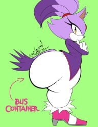 artist_signature ass_bigger_than_breasts ass_bigger_than_head big_ass blaze_the_cat bubble_butt cat_ears cat_girl cat_tail clothed clothing crossed_arms evil_container feline flat_chest flat_chested furry furry_female green_background huge_ass large_ass looking_at_viewer massive_ass needarefill77 purple_fur round_ass sonic_(series) sonic_the_hedgehog_(series) thick_thighs thighhighs thighs