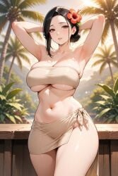 ai_generated armpits arms_behind_head belly_button black_hair blurry_background bun_hair bursting_breasts evening female flower_in_hair golden_hour grey_eyes grok hair_bun hair_streak hibiscus innocent_expression looking_at_viewer low_bun midriff nipple_outline no_panties palm_tree rgomez007 sarong skindentation solo_female sunlight thick_thighs tropical tubetop underboob warm_lighting wide_hips