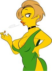 1girls4_fingers accurate_art_style areola areola_slip areolae big_areola big_breasts breasts choker cigarette cigarette_smoke clothed clothed_female clothing coloured dbaru digital_drawing_(artwork) digital_media_(artwork) dress ear_piercingear_ring earrings edna_krabappel eyebrows eyelashes female female_only fingers glistening hair hand_on_hip hand_on_own_hip holding_cigarette holding_object humanoid_hands ineffective_clothing jewelry lips lipstick looking_at_viewer mature mature_female milf piercing pouting short_hair skimpy smoke solo solo_female standing the_simpsons thick_lips thin_eyebrows three-quarter_view