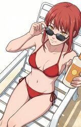 1girls adjusting_eyewear ai_generated bikini chainsaw_man female female_only hai looking_over_eyewear looking_over_sunglasses makima_(chainsaw_man) red_bikini red_hair solo sunglasses swimsuit tinted_eyewear
