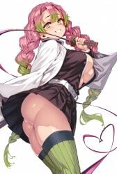 1girls ai_generated big_breasts female female_focus female_only jumping kanroji_mitsuri long_sword panties pixai pixiv sexy shiokonbu shiokonbu_art_style skirt_lift smiling white_panties