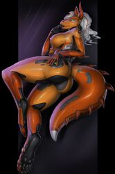 2017 anthro breasts dragon female fingers green_eyes hair machine pussy rakisha robot scalie simple_background smile solo white_hair