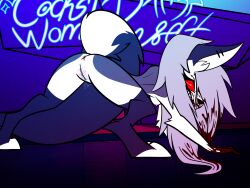 absurd_res all_fours alteredkrimson anthro anus blood blood_on_face blood_on_hand bodily_fluids breasts canid canid_demon canine demon female genitals hellaverse hellhound helluva_boss hi_res looking_at_viewer looking_back loona_(helluva_boss) mammal mythological_canine mythological_creature mythology presenting raised_tail solo tail vulva