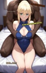 1boy 1girls ai_generated aisuyuni artoria_pendragon artoria_pendragon_(fate) blacked blonde_hair breasts cheating cheating_female cheating_girlfriend cheating_wife cleavage cuckold cuckolding dark-skinned_male fate/grand_order fate/stay_night fate/zero fate_(series) grabbing grabbing_breasts grabbing_from_behind green_eyes interracial large_breasts netorare ntr saber