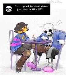 bored bored_expression bored_female_excited_male bulge_through_clothing dinner dubious_consent enemies enemies_with_benefits exhibitionism female_frisk flustered foot_fetish footjob footjob_with_legwear frisk public sadfloow sans shocked surprise surprised surprised_expression through_clothes under_the_table undertale