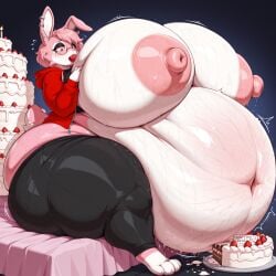 ai_generated angel_the_bunny anthro ass_bigger_than_head belly belly_expansion belly_inflation belly_overhang big_ass big_breasts breast_expansion breasts_bigger_than_head bunny cake eating eating_food expansion fat fat_belly furry furry_female huge_ass huge_breasts huge_nipples hyper hyper_ass hyper_breasts hyper_nipples inflation large_ass large_breasts massive_ass massive_breasts nipples tagme tenshi1499 thick_thighs weight_gain