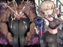 1boy anal anal_only anal_only_pants anus artoria_pendragon artoria_pendragon_(alter) artoria_pendragon_(fate) ass bare_shoulders black_pants black_sports_bra blonde_hair blush bottle breasts choker cleavage clothed_sex covered_nipples cum dark-skinned_male duo fate/grand_order fate_(series) female fitness_gym highres large_breasts long_hair looking_at_viewer looking_back male multiple_views pants penis ponytail pussy radishkek saber_alter sex sex_from_behind sidelocks sports_bra straight sweat testicles textless_version thighs tight_clothes tight_pants torn_clothes towel water_bottle wristband yellow_eyes yoga_pants