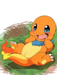 animal_genitalia anthro ascot bald barefoot blush charmander claws cloaca cute dragon female fire flaming_tail hi_res looking_at_viewer lying m@rt male nintendo nude on_back open_mouth pokémon_(species) pokemon sharp_teeth smile solo spread_legs spreading teeth toe_claws tongue video_games