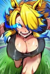 1girls 2d ai_generated animal_ears big_breasts black_shirt blonde_hair blue_eyes blue_hair blue_sky breasts cleavage cyreneceo eye_trail flaming_eye glowing glowing_eye glowing_eyes hair_over_one_eye heart-shaped_pupils horse_ears horse_girl huge_breasts large_breasts light_trail long_hair looking_at_viewer motion_blur motion_lines multicolored_hair obey_your_master_(umamusume) open_mouth outdoors ponytail running shirt short_sleeves sky solo speed_lines streaked_hair sweat teeth thighs umamusume umamusume:_cinderella_gray