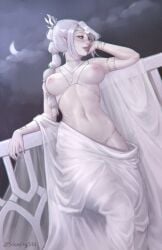 1girls baldur's_gate_3 body_jewelry braid braided_hair circlet cleavage drapes elf elf_female female green_eyes jewerly light_skin medium_breasts scar shadowheart sleepingsol solo solo_focus white_hair