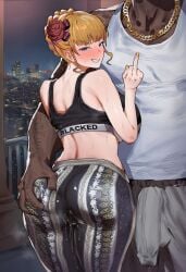 1boy 1girl ai_generated arm_hair aroused beatrice_(umineko) big_ass black_sports_bra blacked blacked_clothing blacked_female blonde_hair blue_eyes blush cheating city dark-skinned_male detailed_shading dim_lighting female flaccid flaccid_penis forbidden_pants gold_chain gold_nails grabbing_another's_ass grabbing_ass groping hair_flower hair_ornament half-closed_eyes hazakura151 head_out_of_frame head_tilt huge_breasts huge_cock implied_netorare interracial light-skinned_female looking_at_viewer middle_finger muscular muscular_male nail_polish naughty_face netorare night outdoors penis_visible_through_clothing penis_visible_through_pants precum_drip precum_through_clothing pussy pussy_juice pussy_juice_drip pussy_juice_drip_through_clothes pussy_visible_through_clothes seductive_smile side_by_side slutty_female smile sweat sweatdrop sweatpants taut_clothes through_clothes umineko_no_naku_koro_ni vaginal_fluids wet_pussy white_tank_top wide_hips without_panties