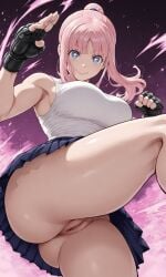 1girl 1girls absurd_res absurdres ai_art ai_assisted ai_generated anime blue_eyes boobs breasts busty dynamic_pose fighting_pose fighting_stance fingerless_gloves genitals gloves hi_res highres hongou_hina huge_breasts isshou_senkin kengan_(series) large_breasts pink_hair ponytail pussy skirt smile solo star:_strike_it_rich star_shaped_pupils tekan4982 thick_thighs upskirt vagina white_shirt