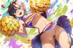1girls female heterochromia indie_virtual_youtuber multicolored_hair rin_penrose virtual_youtuber ai_generated naticai black_hair white_hair ponytail crown cheerleader cheerleader_uniform cheerleader_outfit upskirt idol_corp no_panties nopan pussy bottomless pubic_hair