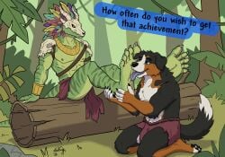 5_fingers 5_toes abs anthro athletic athletic_anthro athletic_male bernese_mountain_dog blue_eyes bone bone_mask bottomwear bracelet canid canine canine_nose canis clothing dialogue domestic_dog dominant dominant_male duo fangs feet fingers fluffy foot_fetish foot_focus foot_grab foot_lick foot_on_face foot_play forest fur green_body hi_res holding_feet humanoid_feet jewelry kneeling licking loincloth looking_pleasured ludwig_the_sergal_(artist) magic_user male male/male mammal mask molosser mountain_dog musclegut muscular necklace nelik nipples pecs plant plantigrade scales scalie shaman sitting skull skull_head speech_bubble submissive submissive_male swiss_mountain_dog talking_to_another teeth terraria text toes tongue tree tribal tribal_clothing tribal_spellcaster witch_doctor_(terraria) yellow_eyes